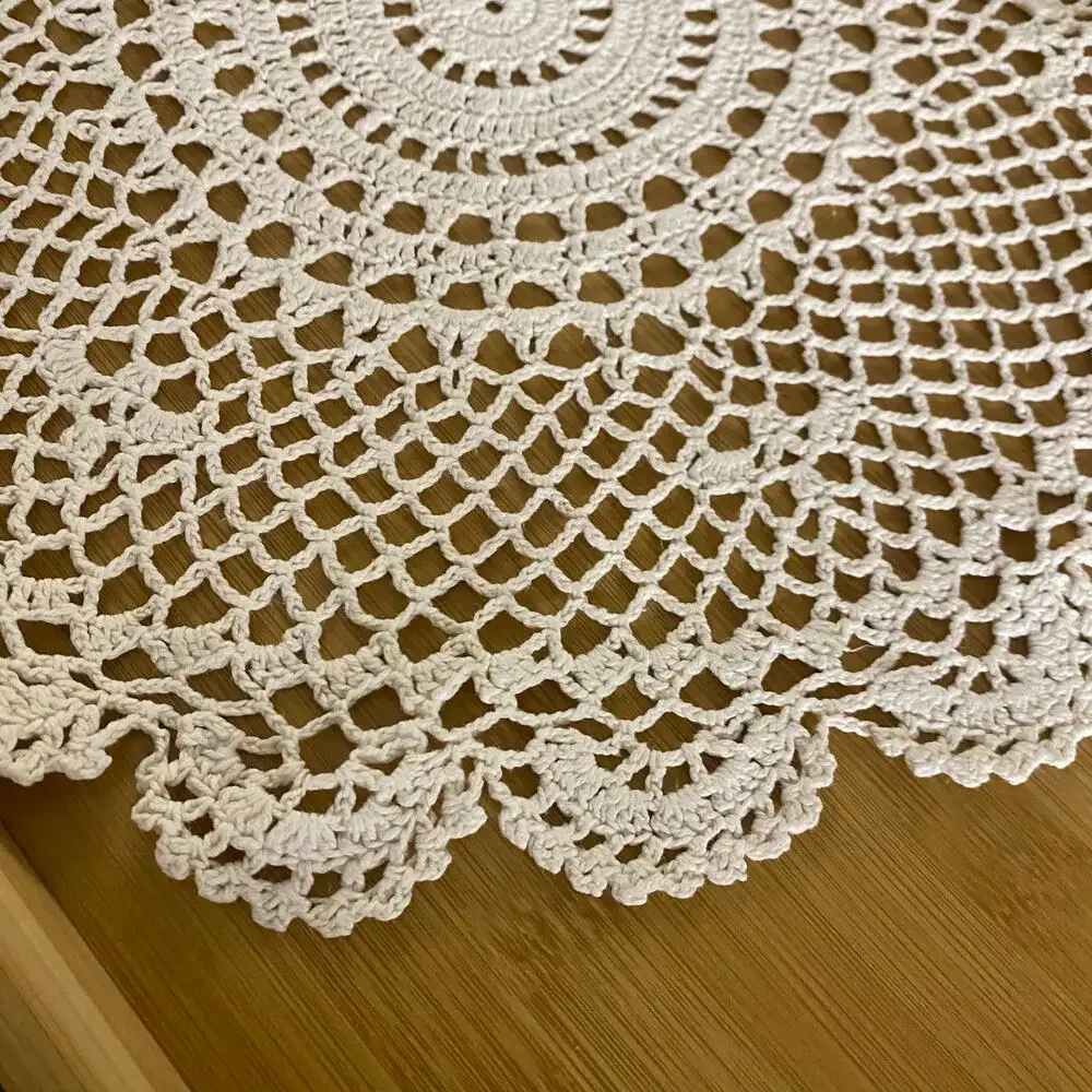 Vintage Handmade Crochet Doilies Set of 2 Ecru Cotton Round Lace Table